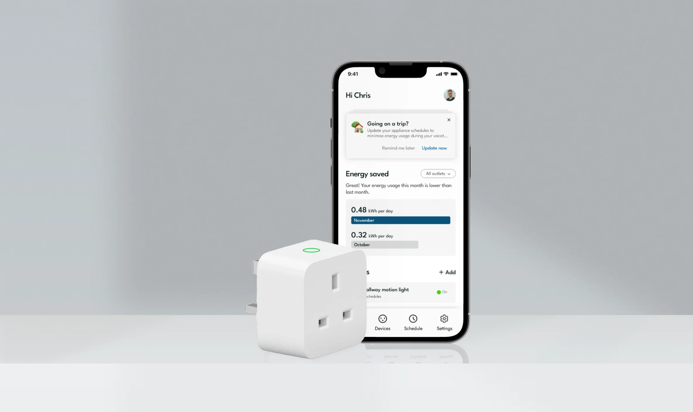 Thumbnail image for the EWise case study. The image contains a mobile app and a smart plug mockup. The mobile mockup has a dashboard for the smart plug screen on it.